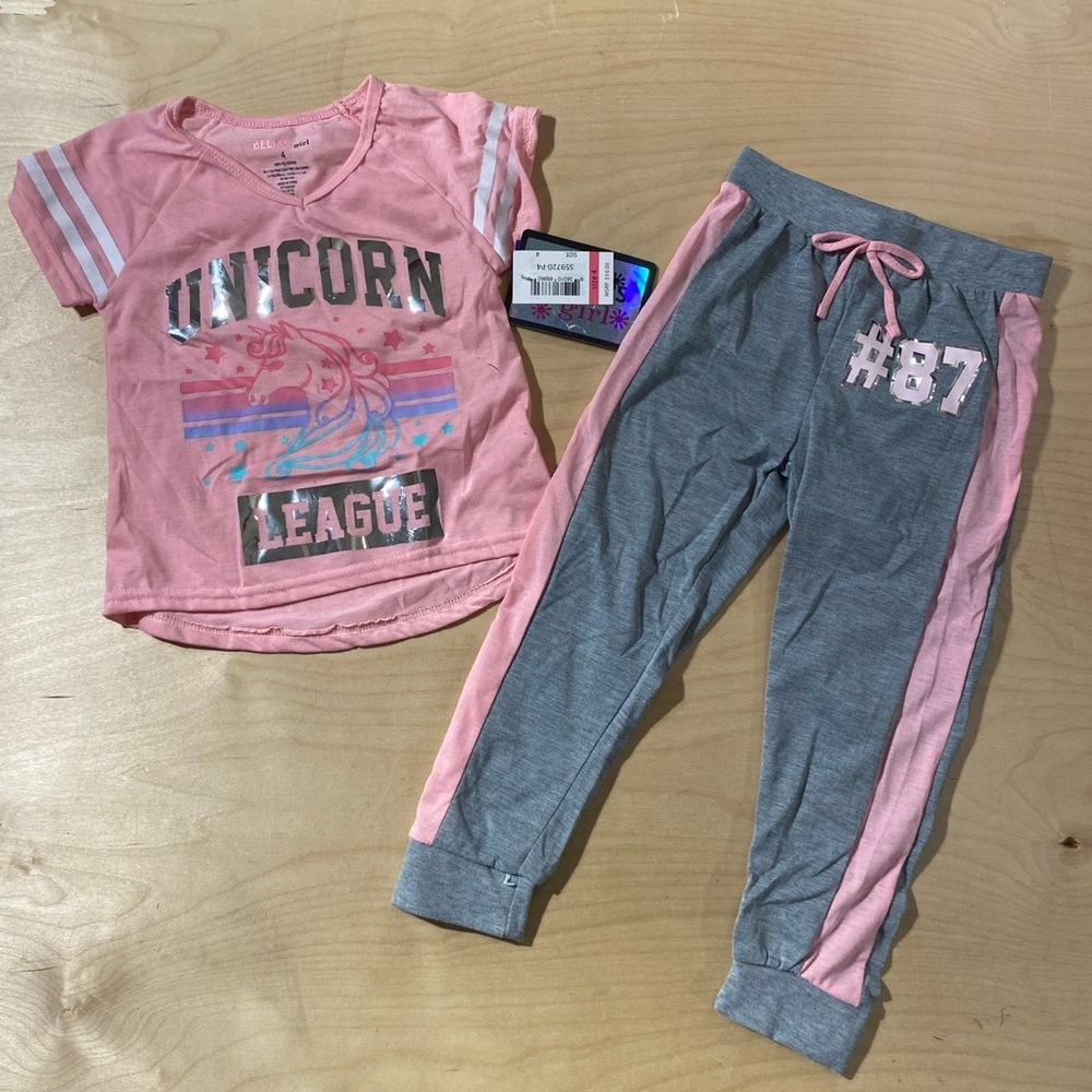 Delia’s Girl Pink Unicorn League T-Shirt and Gray Joggers Set Size 4 (PE)